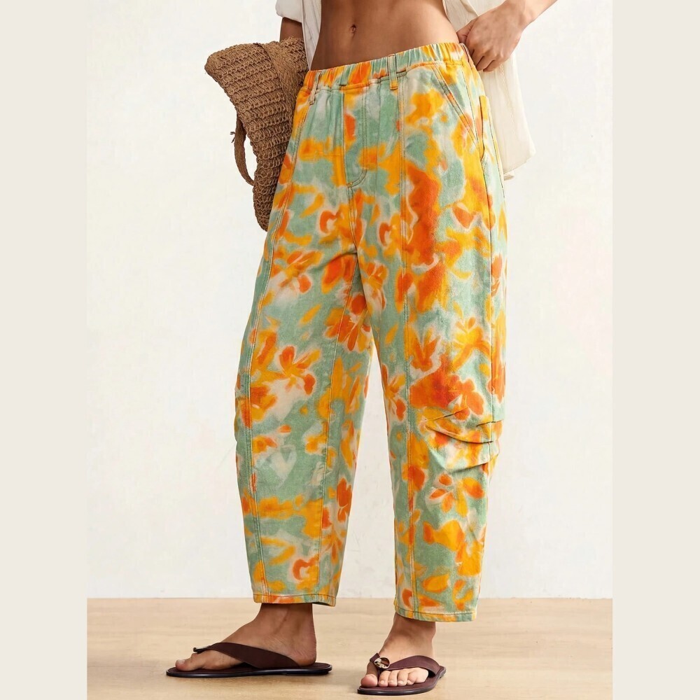 Green Orange Faux Tie Dye Floral Print Denim Tapered Balloon Pants